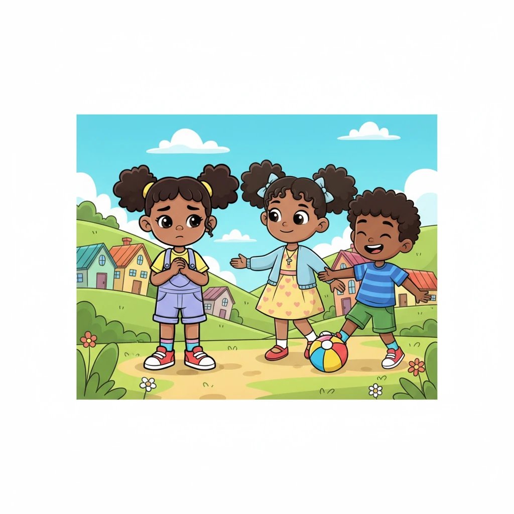 Once upon a time, in a bright, sunny village, lived a sweet little girl named Amani. Amani loved to play with her friends, Neema and Jabari. But sometimes, Amani felt a little bit shy and wondered if she was special like them.