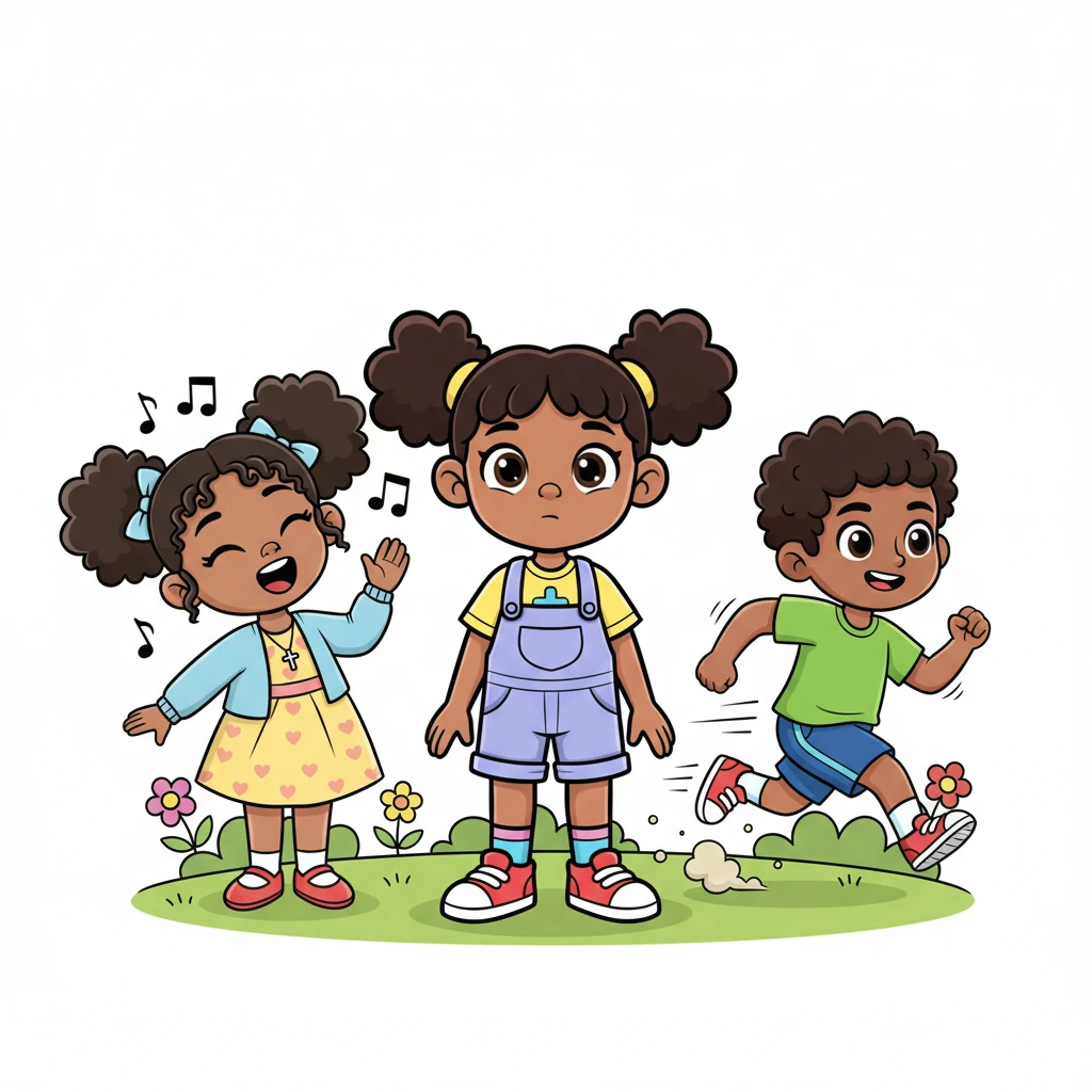 Neema loved to sing loud, happy songs, and her voice always made everyone smile! Jabari was super fast and could run like the wind, winning every race. Amani watched them, thinking, 'I wish I could sing like Neema or run like Jabari!'