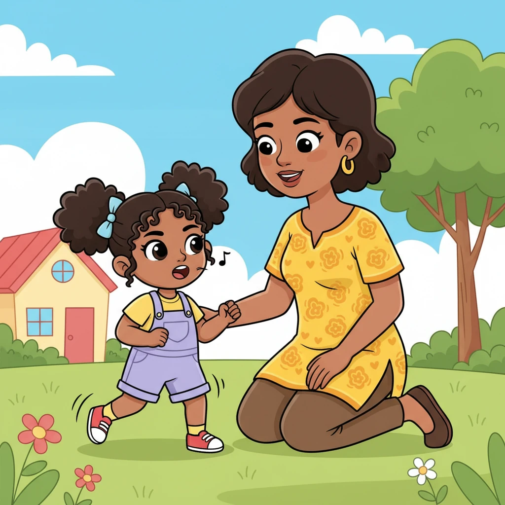 Amani tried to sing a loud song, but it came out very quiet. She tried to run fast, but her legs felt slow. A kind grown-up, Mama Zawadi, saw her. Mama Zawadi knelt down with a gentle smile.