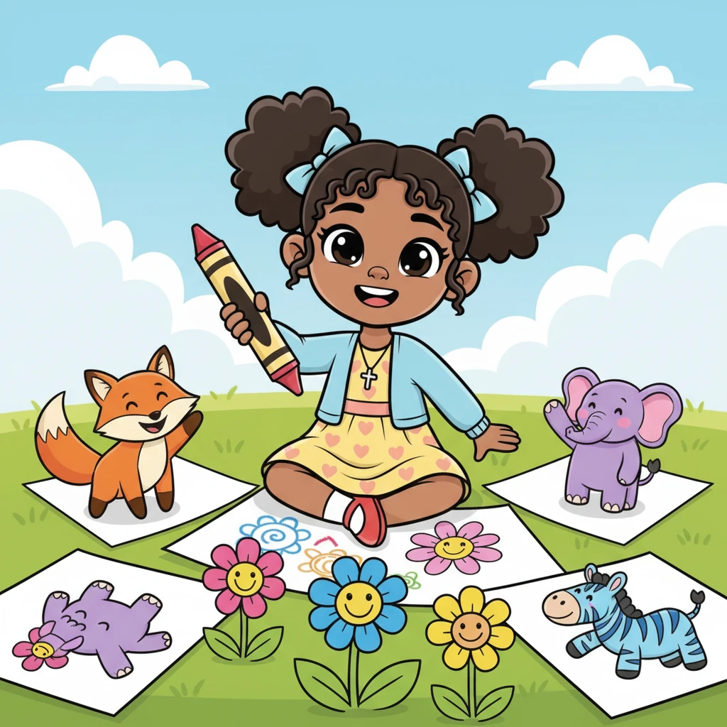 Amani drew bright flowers and happy animals, each one unique and colorful. Her heart felt warm and full of joy. She realized that being Amani was the best thing of all, because she could create such beautiful things!