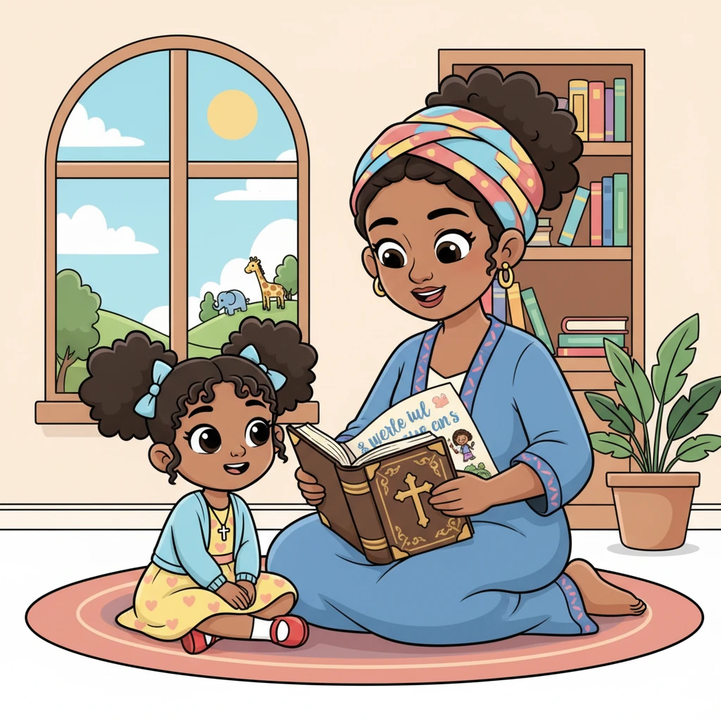 Mama Zawadi opened her big, beautiful Bible. She showed Amani a special part that tells us about God. The Bible says that God made everything! He made the sky, the land, the animals, and even you and me!