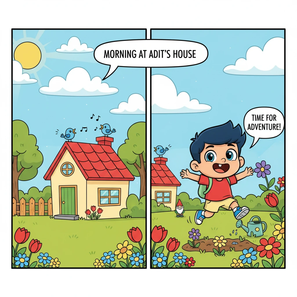 Matahari pagi bersinar cerah di atas rumah sederhana Adit yang rapi, dengan atap merah dan halaman hijau subur. Bunga-bunga warna-warni bermekaran, se