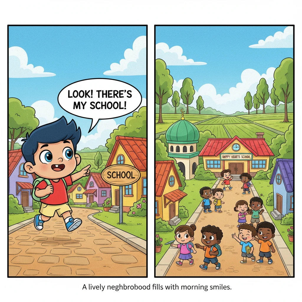 Kamera bergerak lembut, menampilkan lingkungan sekitar rumah Adit yang ramai. Terlihat masjid berkubah hijau, rumah-rumah tetangga yang ramah, dan sek