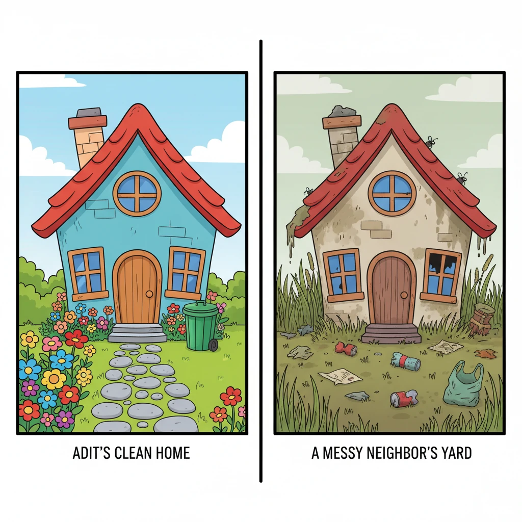 Layar terbagi dua secara mencolok, menunjukkan perbandingan yang jelas. Di sisi kiri, rumah Adit tampak bersih dan terawat dengan halaman rapi, bunga