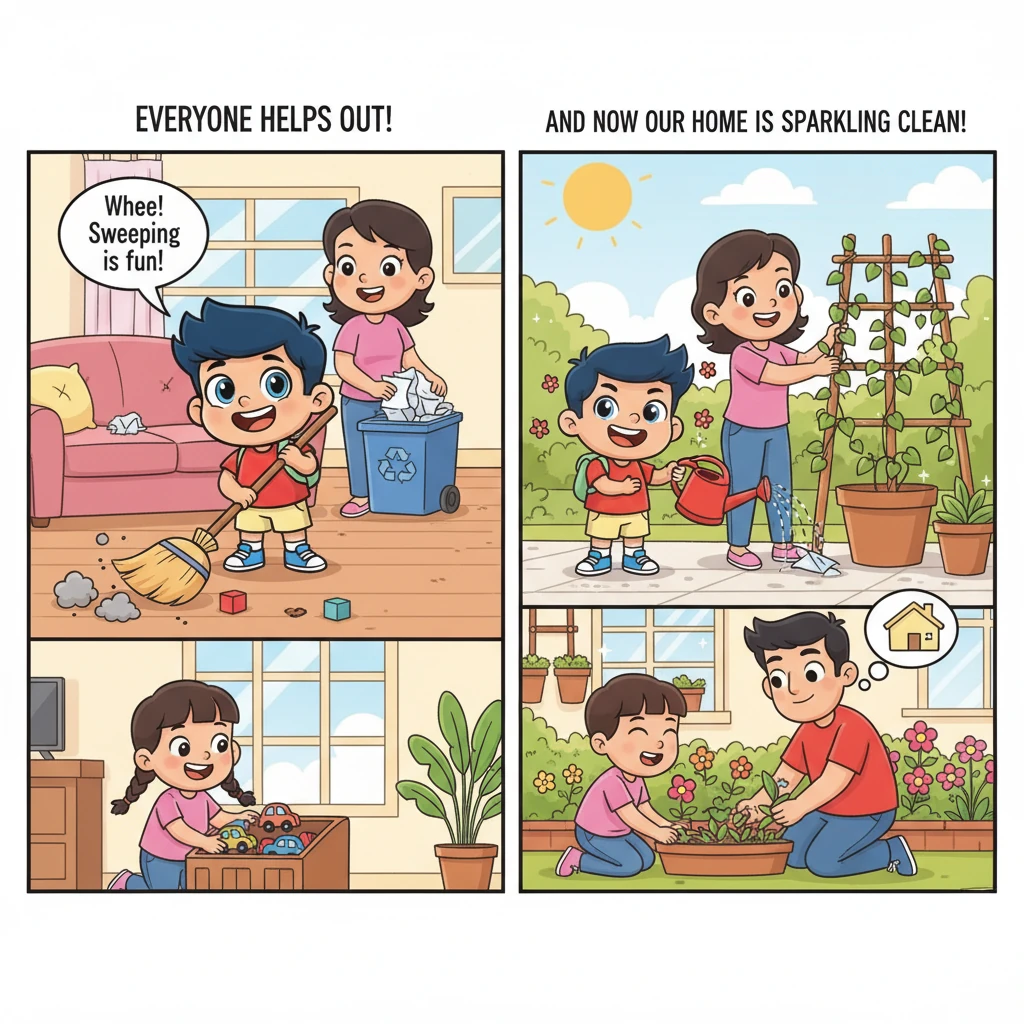 Adit dan keluarganya dengan gembira beraktivitas membersihkan rumah dan halaman. Adit menyapu lantai dengan semangat, anggota keluarga lain membuang s