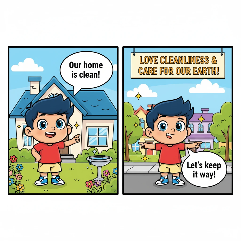 Adit berdiri di tengah rumah dan taman yang kini bersih dan terawat, wajahnya memancarkan senyum bangga dan ceria. Ia menunjuk ke arah lingkungan yang