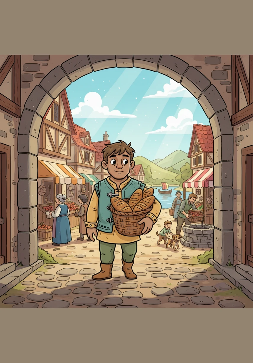 Elias steps through the sun-drenched gatehouse of the riverside town, his boots echoing softly on the warm cobblestones. The air is still and silent during the midday siesta, with the only sound being the distant, rhythmic rush of the river outside the walls. He stops before a massive wooden notice board mounted firmly onto the weathered gray stone of the interior wall.