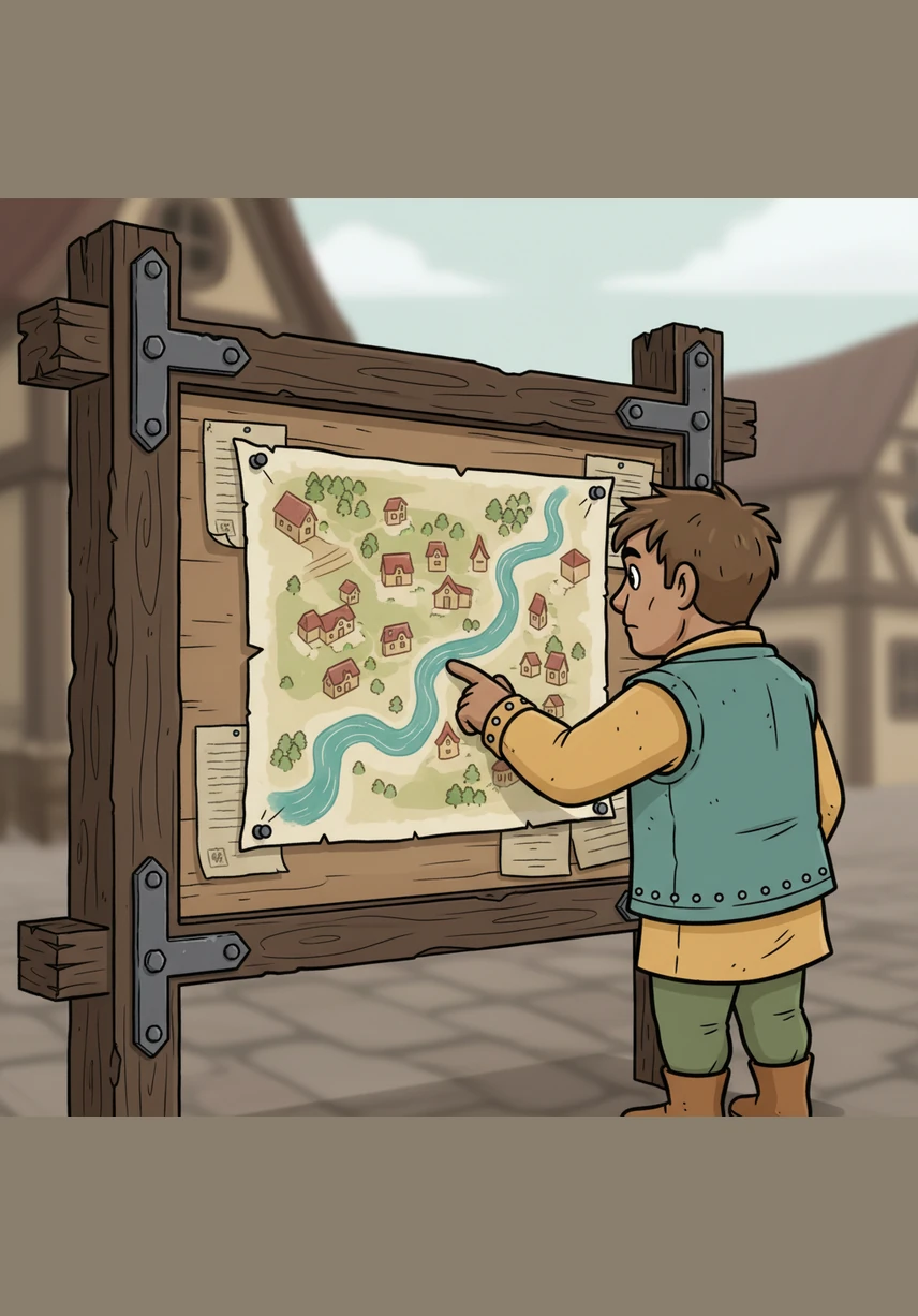 The notice board is a masterpiece of craftsmanship, framed in dark oak beams and reinforced with hand-forged iron brackets. At its center, a hand-painted map of the town stretches across a piece of worn, cream-colored canvas. Elias traces the teal-blue ribbon of the river with his finger, noticing how the brushstrokes capture the flow of the water.