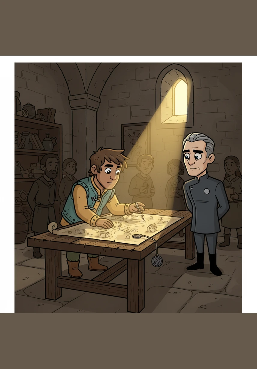 A golden shaft of light from a narrow arrow-slit window high above illuminates a specific section of the map. Elias notices a small, frayed cord dangling from the corner of the board with a tiny iron token attached to it. He realizes the map isn't just for directions; it contains subtle markings that hint at a hidden path through the quarters.