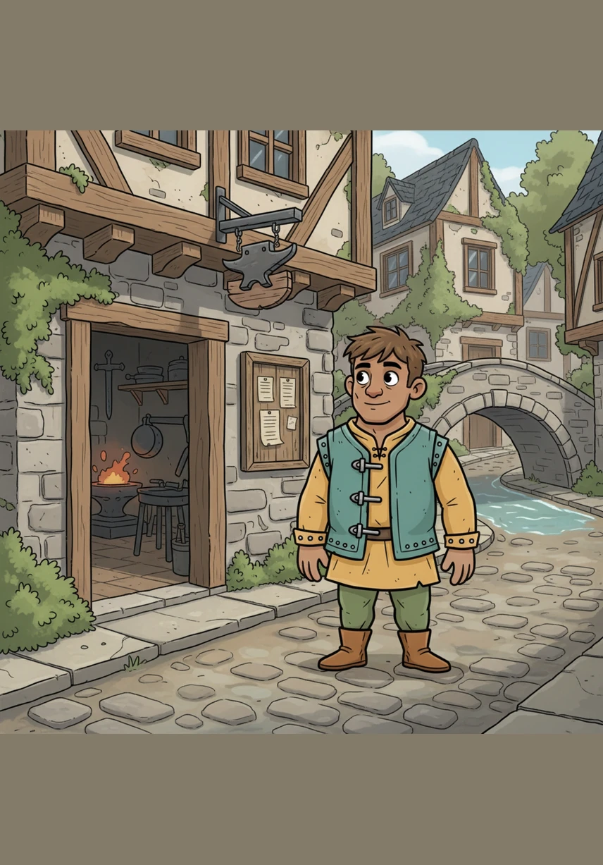 He begins his walk through the quiet streets, passing the stone bridge shown on the map where the water flows gently beneath the arches. The town feels like a living painting, with every ivy-covered wall and wooden beam matching the details on the notice board. He finds himself standing before the old blacksmith's shop, marked by a tiny anvil icon on the canvas.