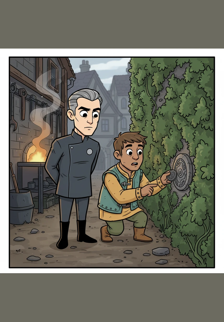 Beside the blacksmith’s forge, a vine-covered wall hides a narrow alleyway that was only a faint line on the town map. Elias notices a small stone carving near the ground that matches the pattern on his iron token. He realizes the town was designed with secrets meant only for those who truly know how to read a map.