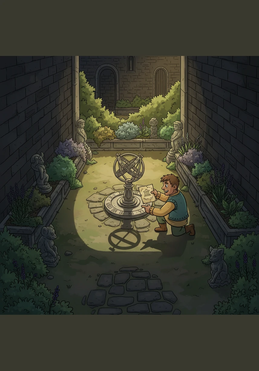 The alley leads him to a hidden garden filled with fragrant herbs and small stone statues resting in the shade. In the center stands a sundial that catches the afternoon sun, casting a long shadow toward a specific paving stone. This location corresponds to the tiny flame-niche icon he saw near the temple quarter on the board.