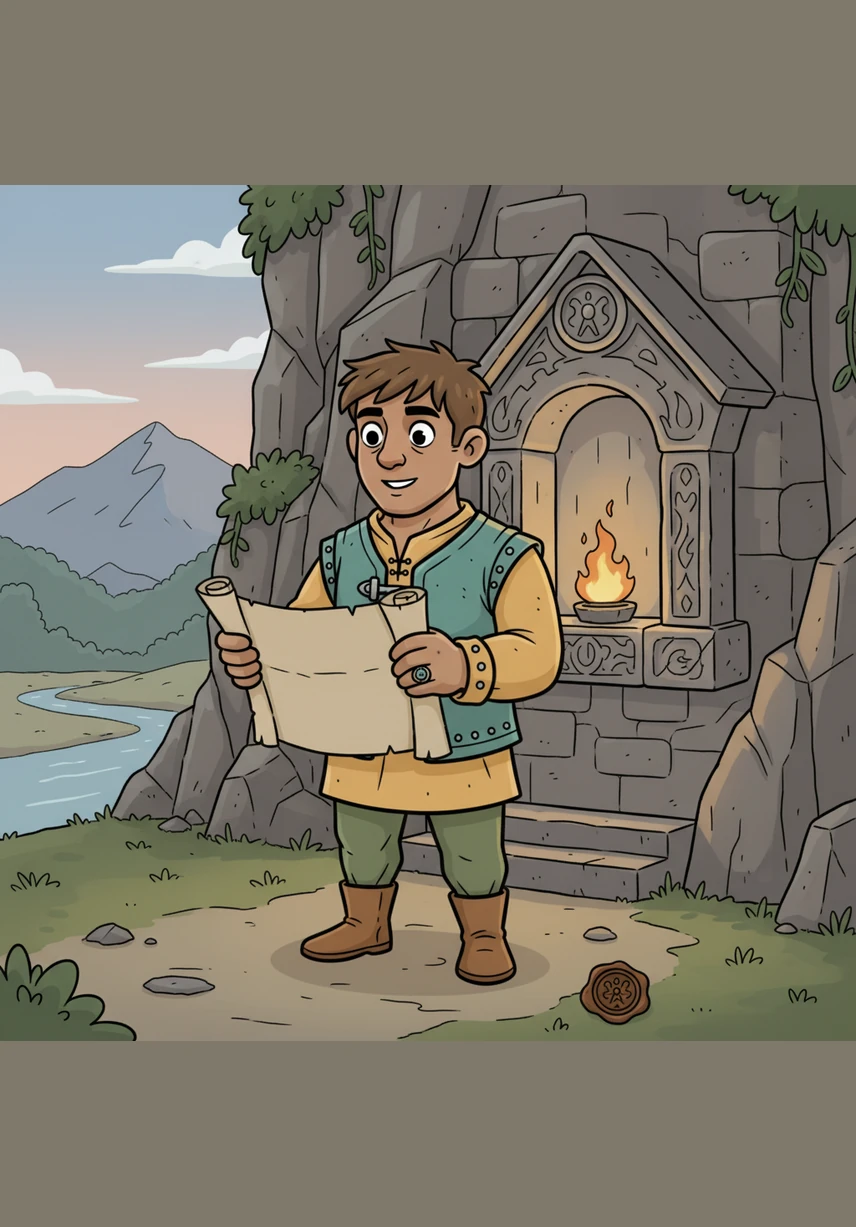 Elias reaches the temple, a serene building with a small flame flickering in a stone alcove just as the map promised. He realizes the map at the gate was a guide left by his grandfather, a legendary scout who once protected this riverside realm. The wax seal at the bottom of the parchment matches the signet ring Elias wears on his own hand.