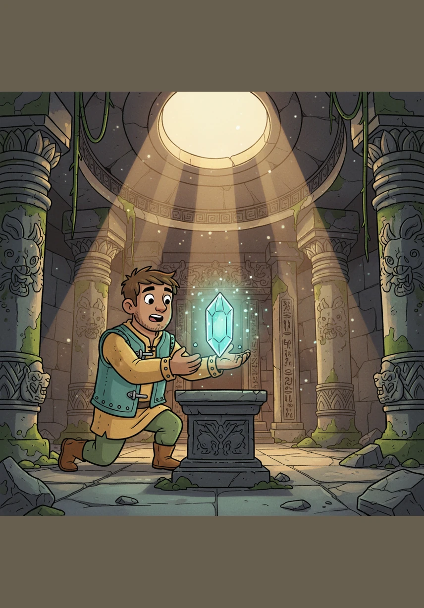 Beneath the temple's flame-niche, he discovers a small hidden compartment containing a leather-bound journal. The journal contains the lost histories of the town and a final message of welcome for the next generation of explorers. The map at the gatehouse was his first test, a gateway into a legacy of discovery.
