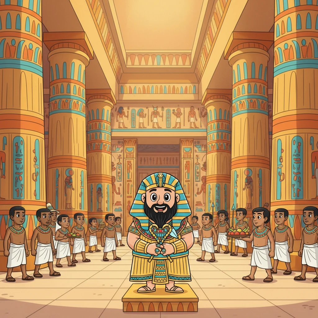 في قصر فرعوني عظيم بمصر القديمة، تقف أعمدة ضخمة مزخرفة بالذهب، وتغطي الجدران نقوش هيروغليفية ساحرة. يتحرك الخدم والحاشية في صمت مهيب، تملأ الأجواء فخامة وقوة وهيبة لا مثيل لها.