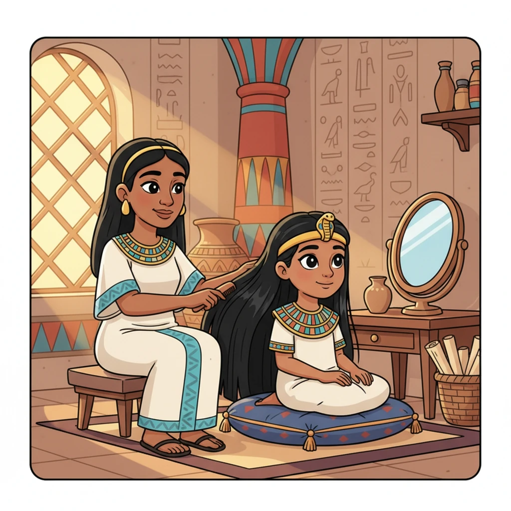 داخل إحدى الغرف الفاخرة، تجلس أمينا الماشطة، امرأة بسيطة ترتدي ملابس متواضعة لكنها نظيفة. تمشط شعر فتاة صغيرة من بنات فرعون، شعرها طويل وأسود كالحرير، بينما ينعكس ضوء الشمس الدافئ من النوافذ على مرآة برونزية لامعة.