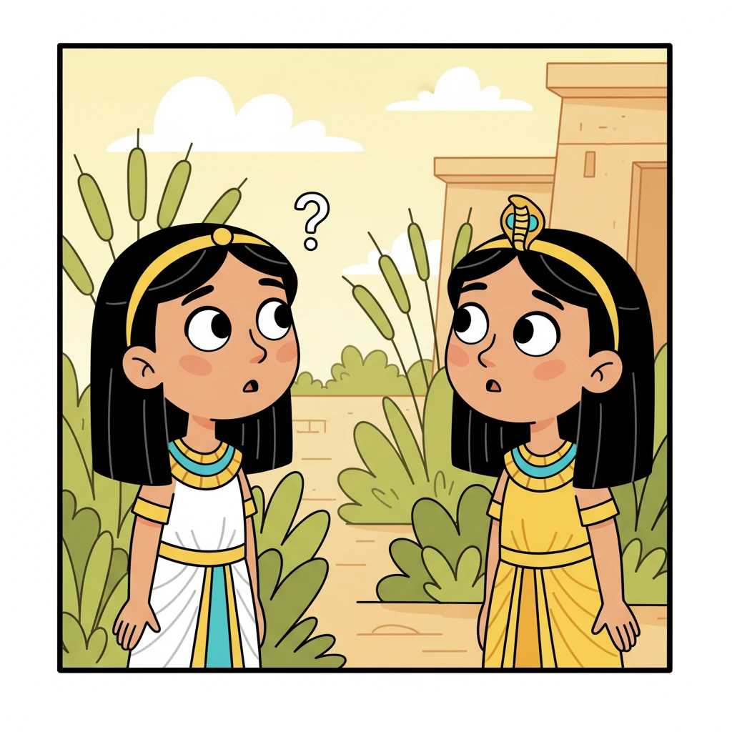 ابنة فرعون تنظر إلى أمينا بعيون متسائلة، تستغرب من كلماتها الغريبة. ترفع أمينا رأسها بثبات وطمأنينة، تظهر على وجهها ملامح إيمان عميق وهدوء يبعث على السكينة، وكأنها تحمل سرًا عظيمًا.