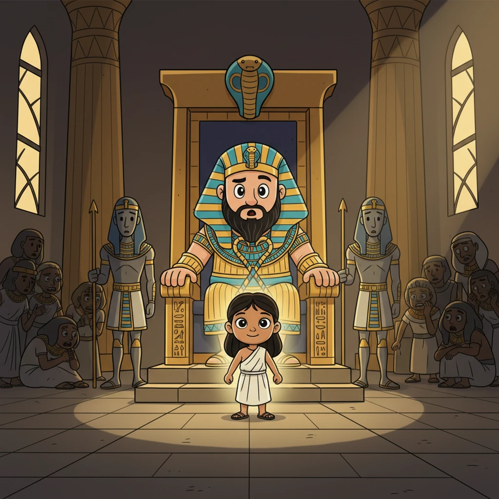 يجلس فرعون على عرش عظيم، يرتدي تاجًا ضخمًا يبرز سلطته، وحراسه يقفون حوله كالتماثيل. تقف أمينا أمامه بثبات غير متوقع، بينما يملأ التوتر والخوف القاعة، لكن وجهها يشع باليقين المطلق.