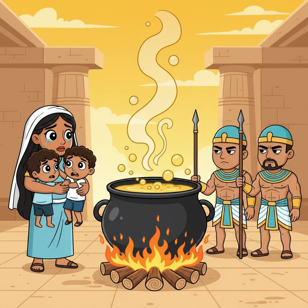 تشتعل النيران تحت قدر كبير من الزيت المغلي، ويقف جنود فرعون بقسوة ووجوههم عابسة. يقف أطفال أمينا بجانبها، يرتجفون خوفًا، لكنها تحتضنهم بقوة، وعيناها تدمعان وقلبها ثابت على إيمانها.