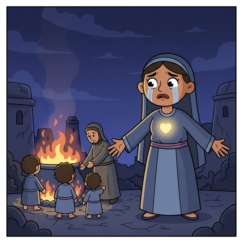 بقلب يعتصر ألمًا، ترى أمينا أبناءها يُؤخذون واحدًا تلو الآخر نحو القدر المشتعل. تسيل الدموع من عينيها، لكنها لا تتراجع، فملامح الصبر والإيمان واضحة على وجهها، ويحيط بها نور خفيف يضيء ظلام المشهد.