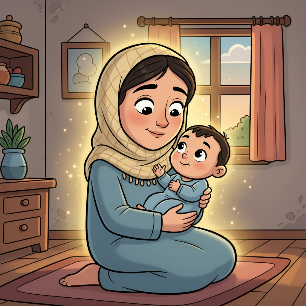 بين يدي أمه، يحيط الطفل الرضيع بنور سماوي دافئ. يرفع رأسه الصغير وينطق بكلمات الطمأنينة، تملأ الغرفة بالسكينة. يتحول وجه أمينا من الحزن العميق إلى سكينة ويقين لا يتزعزعان، تدرك أن الله معها.