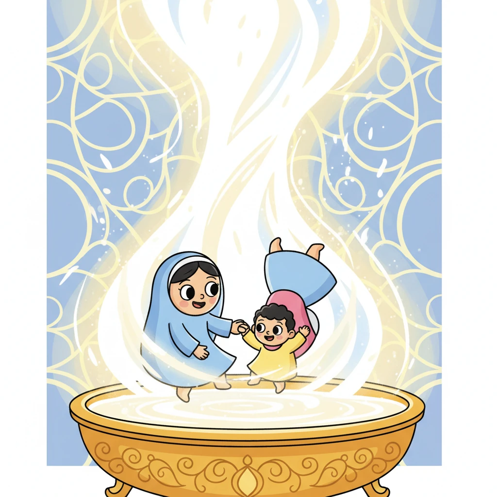 تلقى أمينا وأطفالها في الزيت المغلي، لكن المشهد يتحول رمزيًا إلى نور ساطع وطمأنينة فائقة. لا يوجد ألم ولا صراخ، فقط سكينة وسلام يلفانهم، كأنهم يعبرون إلى عالم آخر من النور.