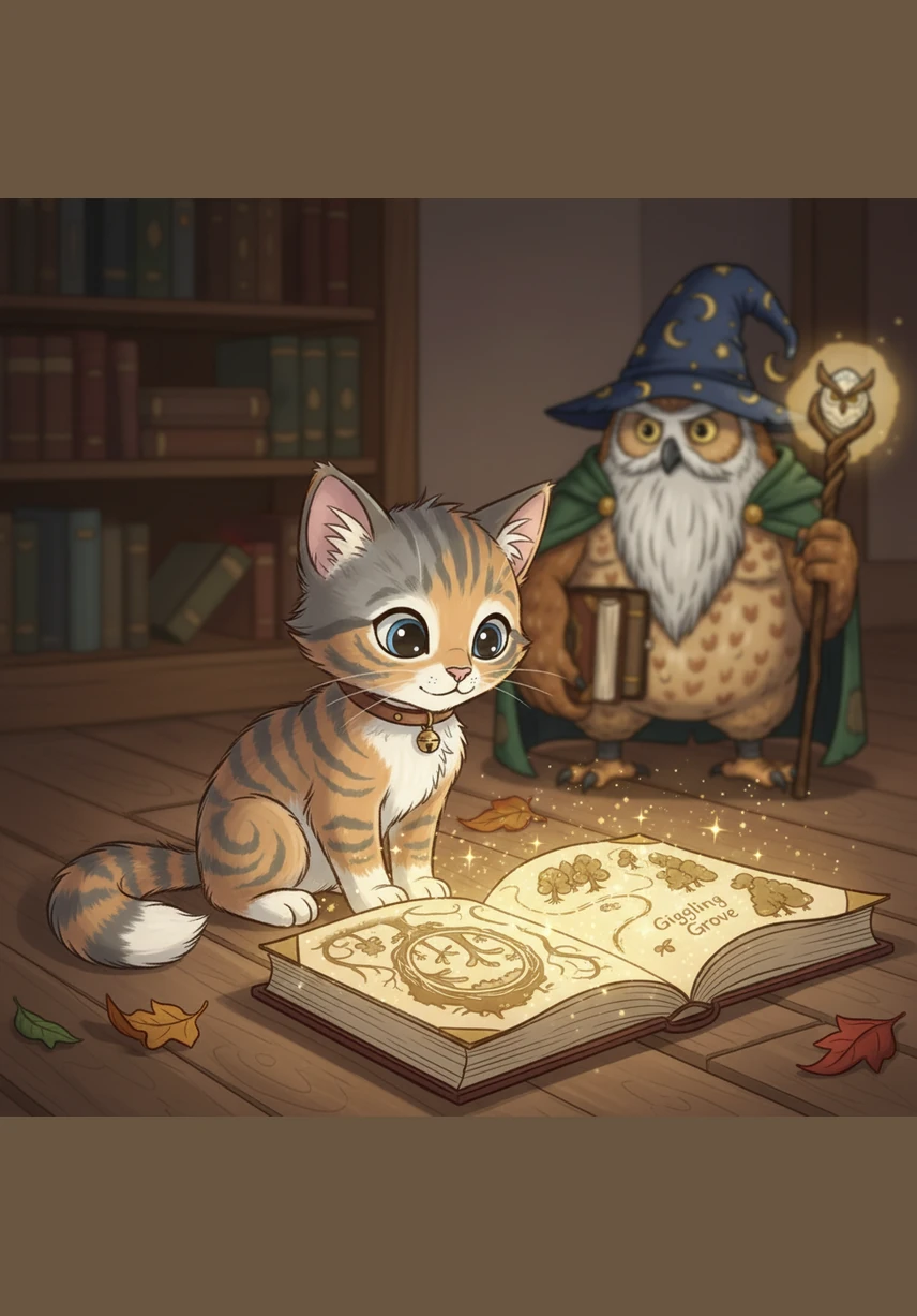 Whiskers, a tiny kitten with fur as soft as a summer cloud, gazes at a shimmering map that sparkles like a thousand tiny stars. This isn't just any paper; it's a golden ticket to the Giggling Grove, where the trees whisper secrets and the grass dances to the wind's tune. The cover of his adventure book glows with a promise of mystery, inviting every reader to step into a world of wonder.