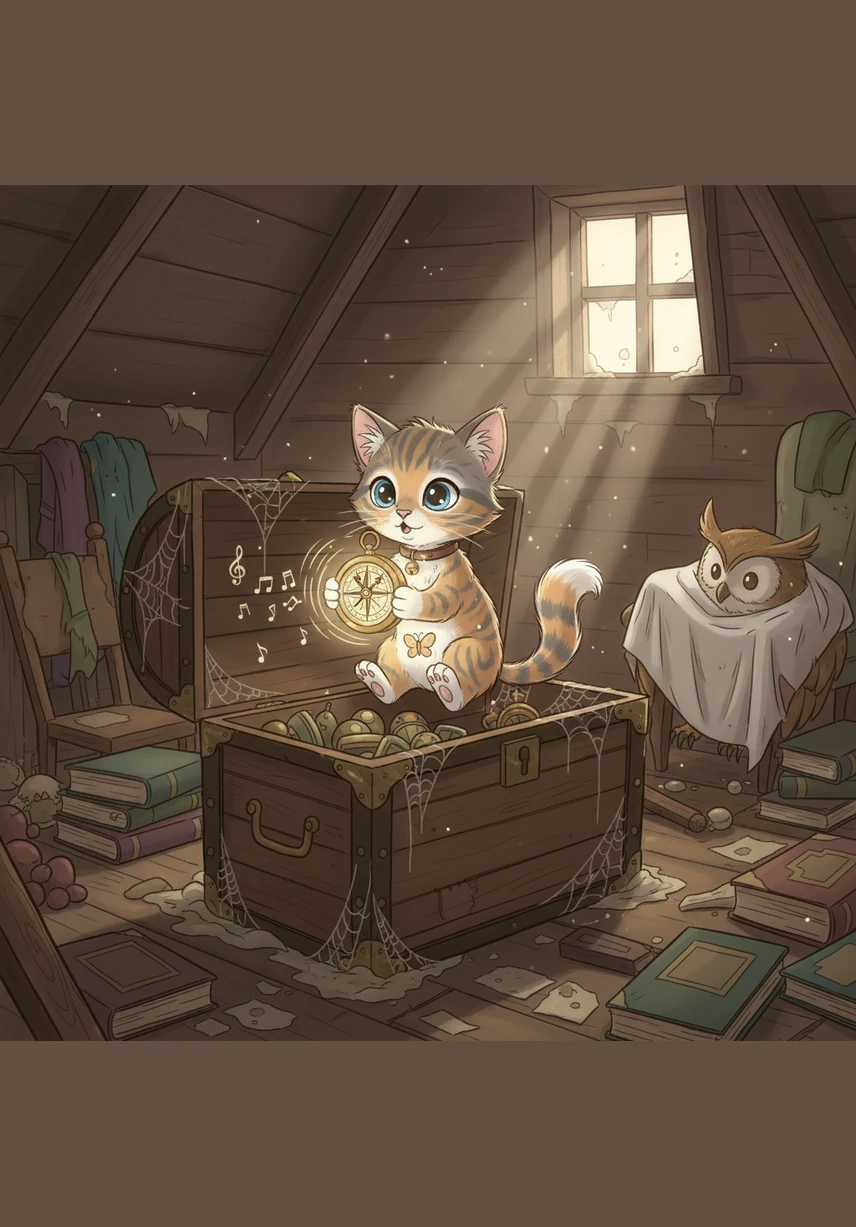 In the sleepy town of Paws-Pause, life was as dull as dishwater until Whiskers stumbled upon a dusty trunk in his grandmother's attic. Inside, he found a compass that didn't point North, but instead spun wildly toward adventure, humming a tune that sounded like distant laughter. He felt a butterfly flutter in his stomach, a sign that something big was about to happen.