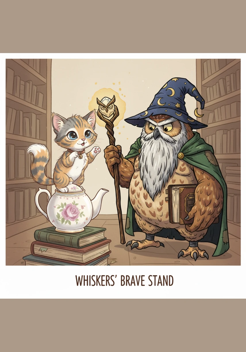 The forest was a kaleidoscope of colors, with trees that looked like giant lollipops and leaves that tasted like mint. Whiskers felt as brave as a lion, even though he was only as big as a teapot, as he marched toward the Great Silver Stream. Every step was a leap of faith into a world where the flowers sang lullabies and the rocks were as soft as marshmallows.