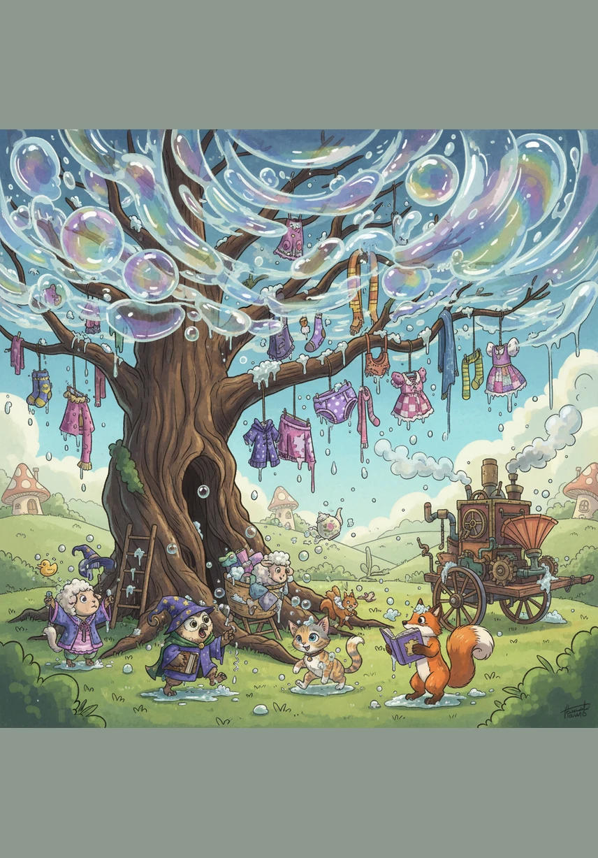 Suddenly, the sky turned into a sea of soapy bubbles, making the ground as slippery as a peeled banana. Whiskers had to navigate this Bubble-Trouble by hopping from one solid toadstool to another, moving as quick as a flash to stay dry and fluffy. It was a sticky situation, but he kept his eyes on the prize and his feet on the ground.