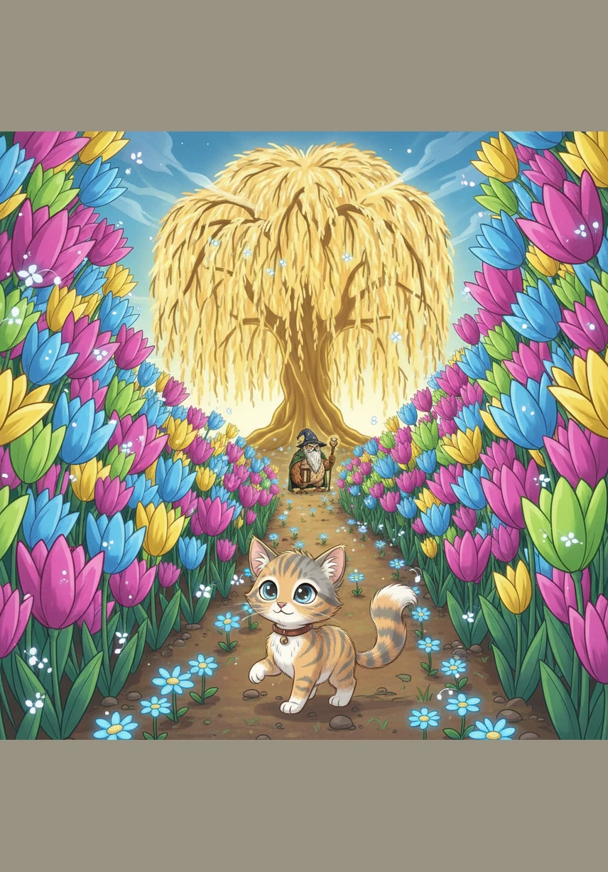 Look closely at the flower maze below and help Whiskers find the path that leads to the giant glowing willow tree at the center. The petals are as bright as neon lights, and the scent of jasmine fills the air, making Whiskers feel like he's walking through a dream. He needs to find the path where the blue daisies grow to reach his destination.