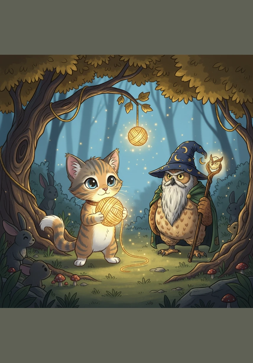 Whiskers explains that he wants to share the light with those who are afraid of the dark, showing a heart of gold. The tree gently drops a ball of yarn into his paws, and it feels as warm as a fresh loaf of bread, lighting up the entire grove with a soft, comforting glow. He has turned over a new leaf and become the hero he always dreamed of being.