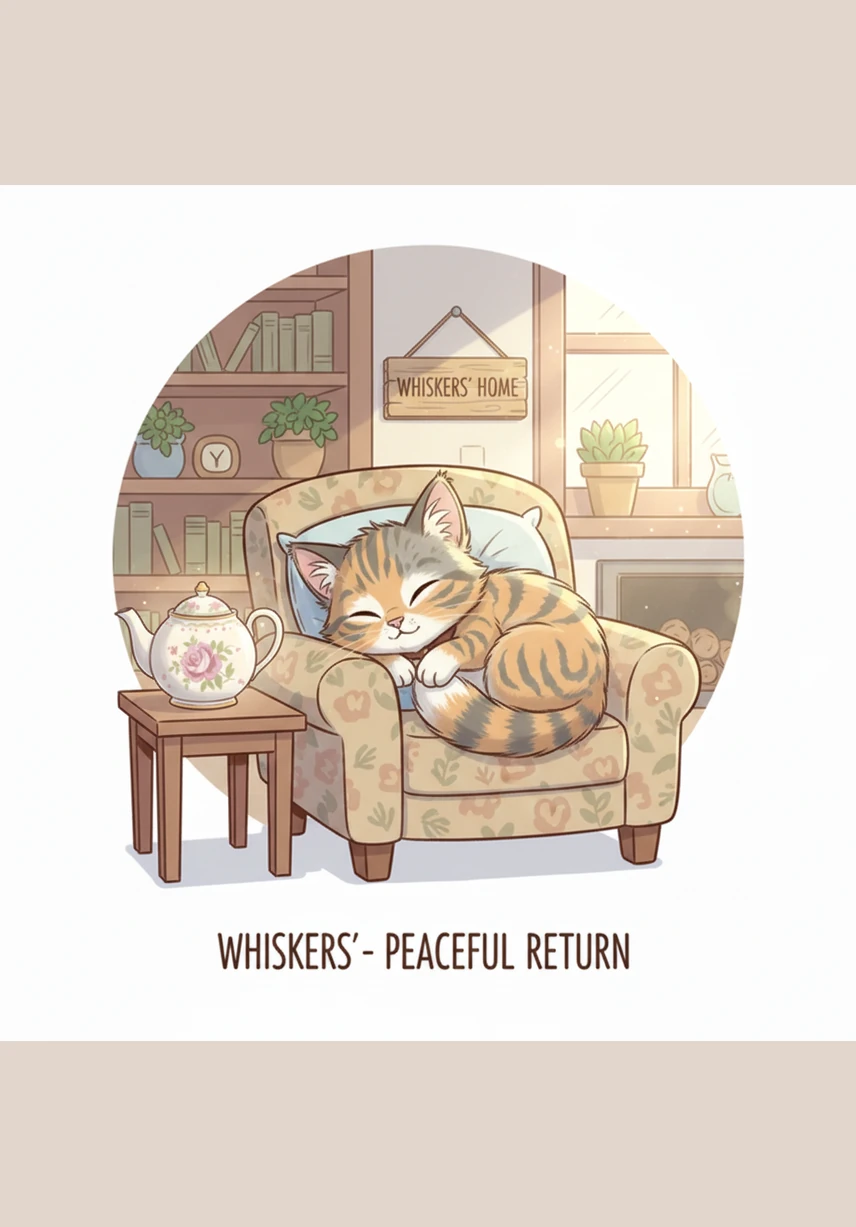 Back home, Whiskers curls up with his prize, a hero who discovered that the greatest treasure is the courage to start a journey. Let's learn some 'Big Words' from our story: 'Kaleidoscope' is a changing pattern of colors, 'Labyrinth' is a fancy word for a maze, and 'Lullaby' is a gentle song to help you sleep. He sleeps like a log, dreaming of his next big adventure.