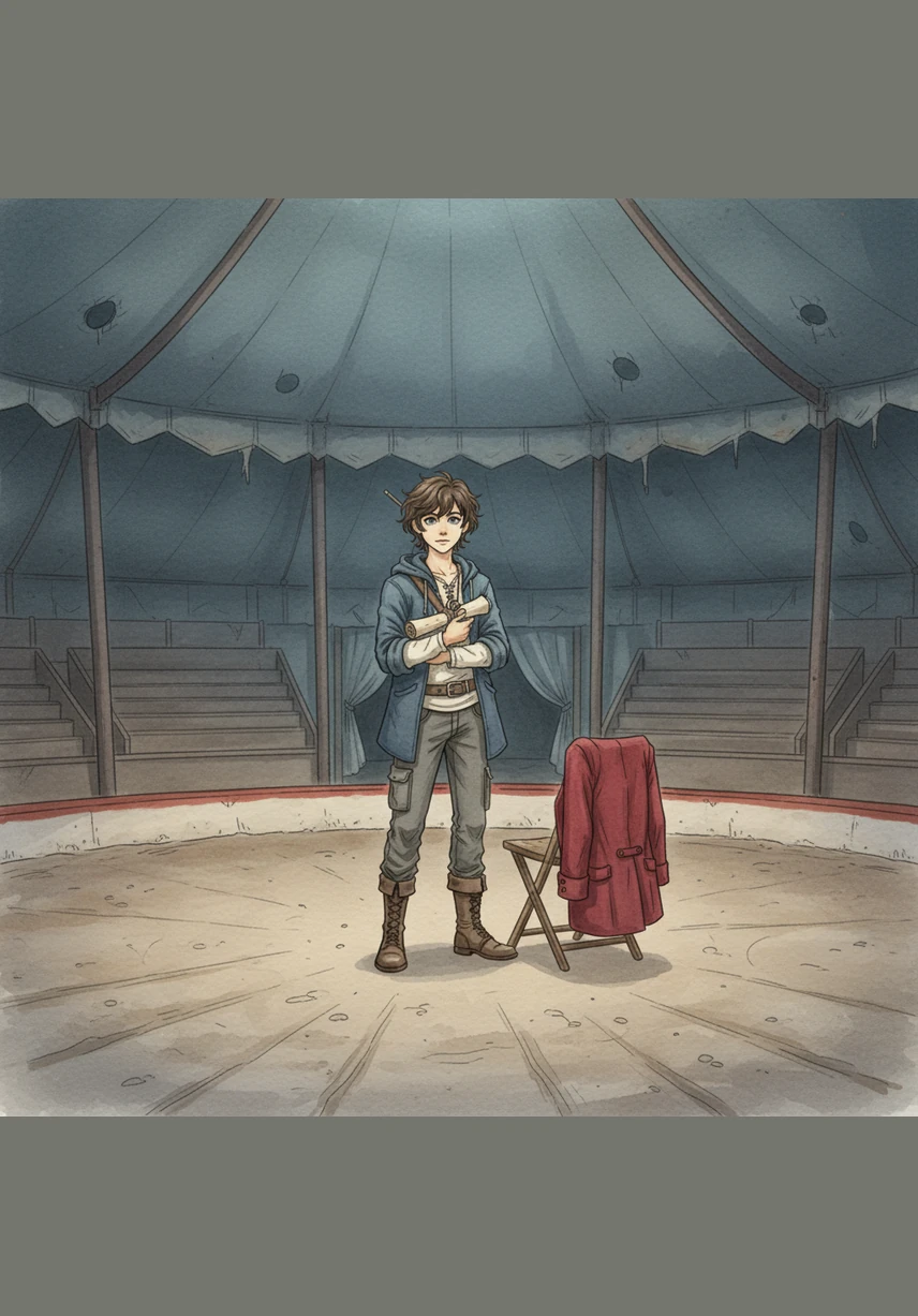 Alex stands alone in the center of the dusty circus ring, clutching the deed to Kepler’s Family Traveling Circus as the moonlight filters through the canvas. The silence is heavy with the memory of his parents, but the vibrant red of his father’s old coat draped over a chair offers a glimmer of hope. He realizes that the future of this world now rests entirely on his shoulders.