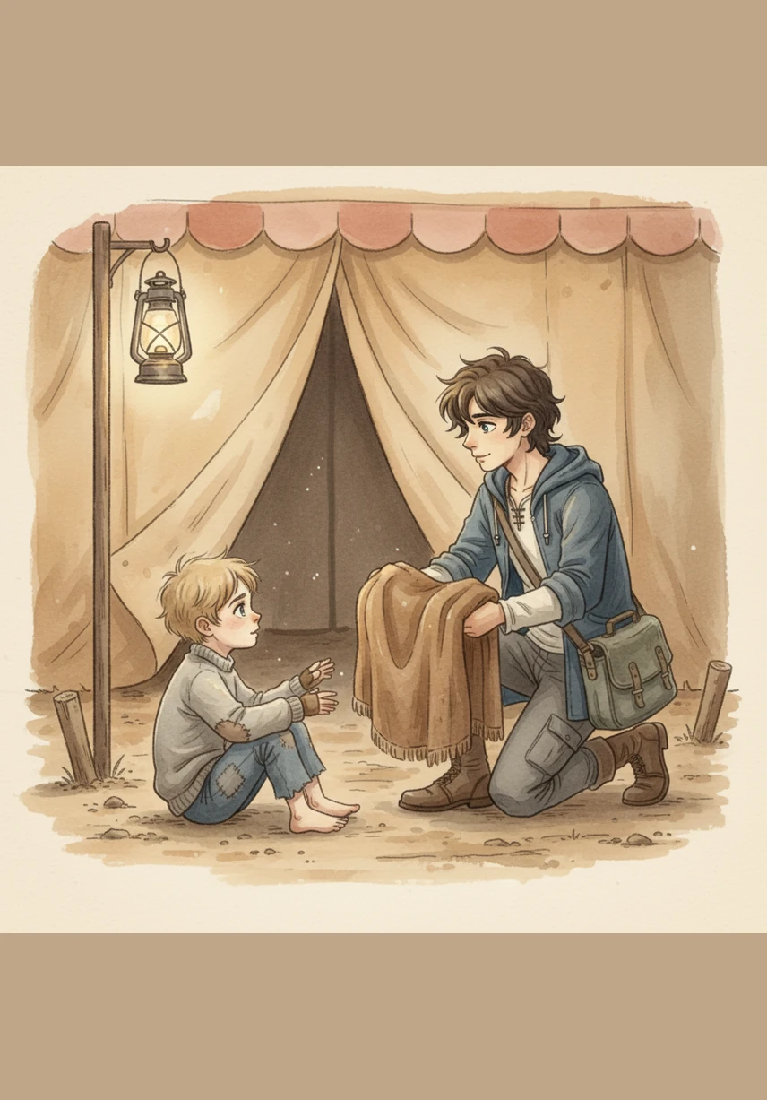 Behind the scenes, the circus has become a sanctuary for runaway children who have nowhere else to go. Alex finds a small, shivering boy hiding near the elephant crates and offers him a warm bowl of stew and a place to belong. He knows that every child here carries a story as heavy as his own.