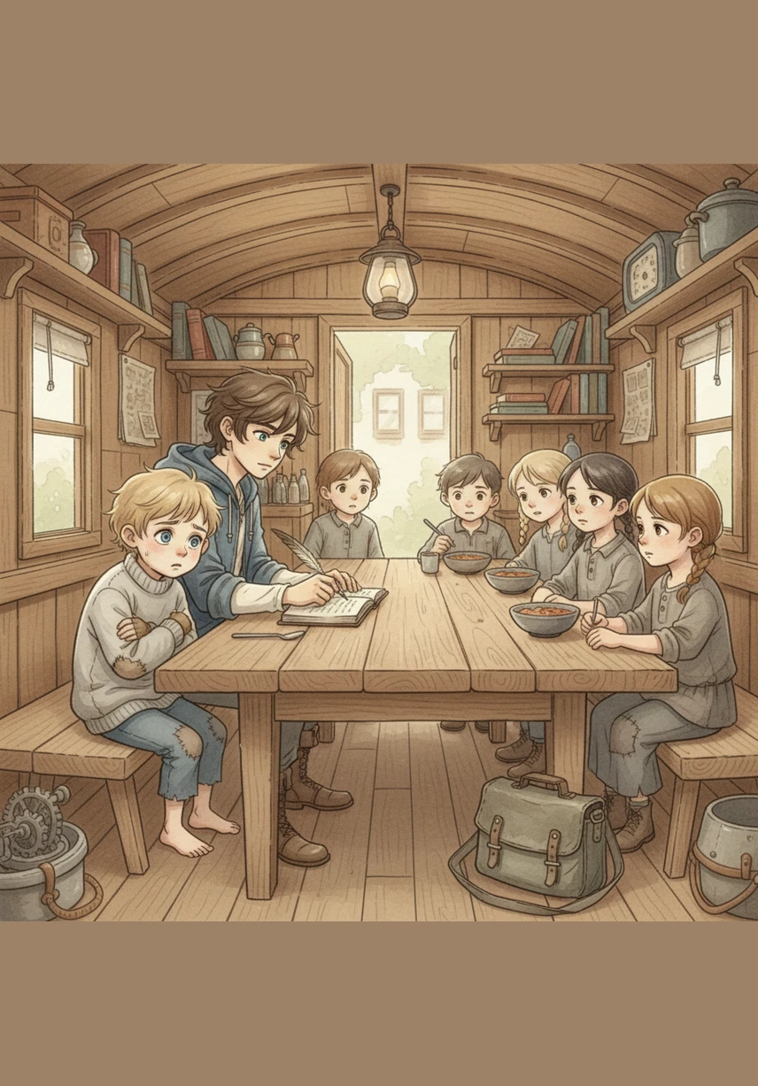 In the communal dining wagon, the children gather around a long wooden table, sharing stories and laughter over a modest feast. Here, the masks come off, and Alex isn't just a leader; he is a big brother to a family bound not by blood, but by shared dreams and survival. They are a secret society thriving under the cover of the big top.