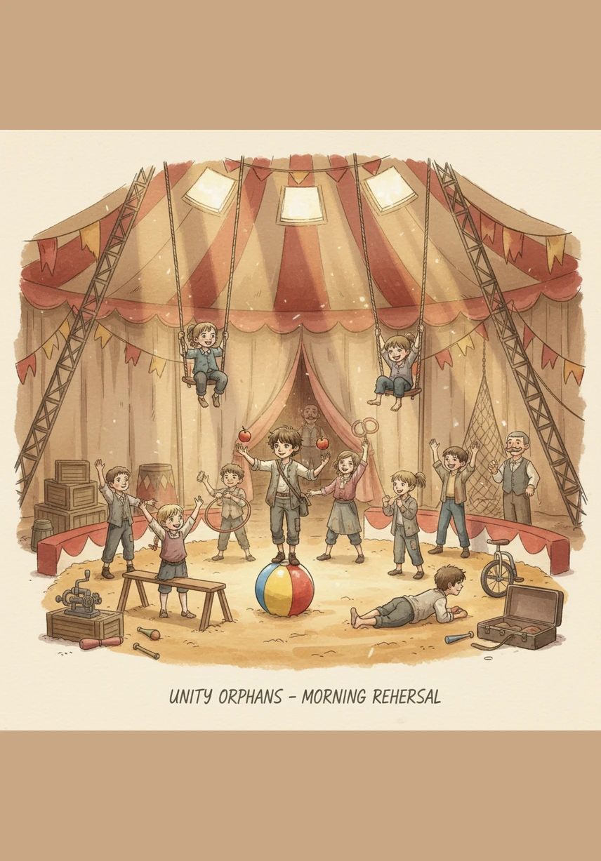 Morning rehearsals turn the big top into a playground of incredible talent as children practice tightrope walking and juggling. Alex watches with pride as they transform their hardships into breathtaking stunts, proving that age is no barrier to greatness. Each tumble and catch is a testament to their growing trust in one another.