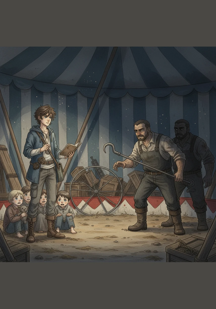 A suspicious local official lingers after a show, asking to speak with the senior Keplers about the circus permits. Alex uses his wit and the shadows of the tent to politely decline, protecting the secret that children are the ones keeping the magic alive. The tension is palpable, but Alex stands his ground with a maturity beyond his years.