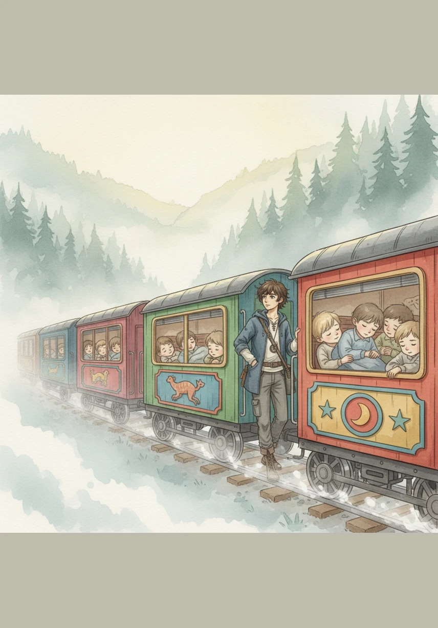 The circus train chugs through a misty valley at dawn, its colorful cars a stark contrast to the grey morning light. Inside, the children sleep soundly, trusting Alex to guide them toward a future where they are no longer invisible. The rhythmic clatter of the tracks sounds like a heartbeat for their wandering home.