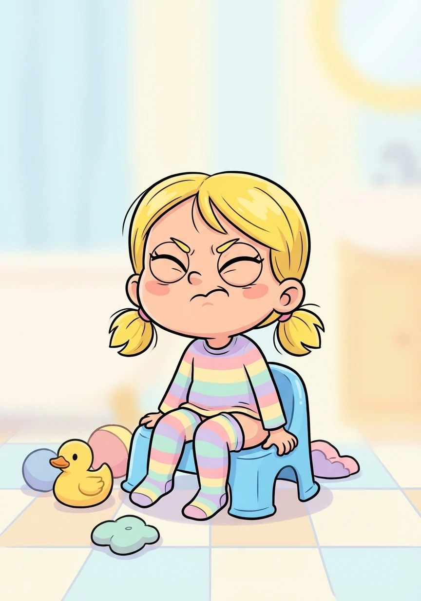 Poppy, a little girl with bright blonde hair, sat on her tiny blue potty. She squeezed her eyes shut and strained, but nothing happened.