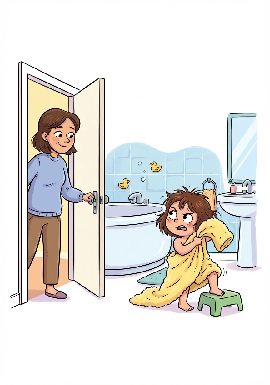 Suddenly, the bathroom door opened, and Mom walked in, a knowing smile on her face. "Having a little trouble, sweetie?"