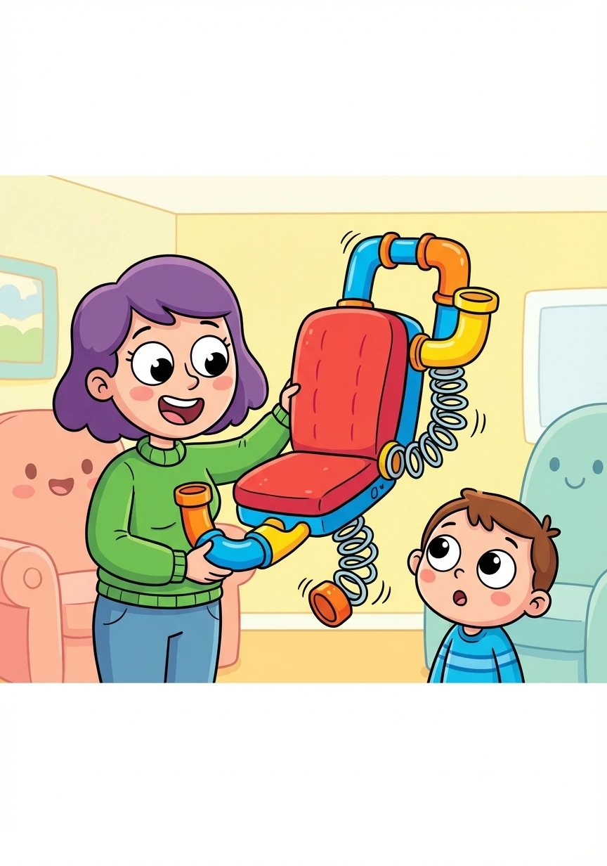 Mom held up a large, colorful tool with a special seat attachment. "I have just the thing! It's the Poop-Wiggler 3000!"