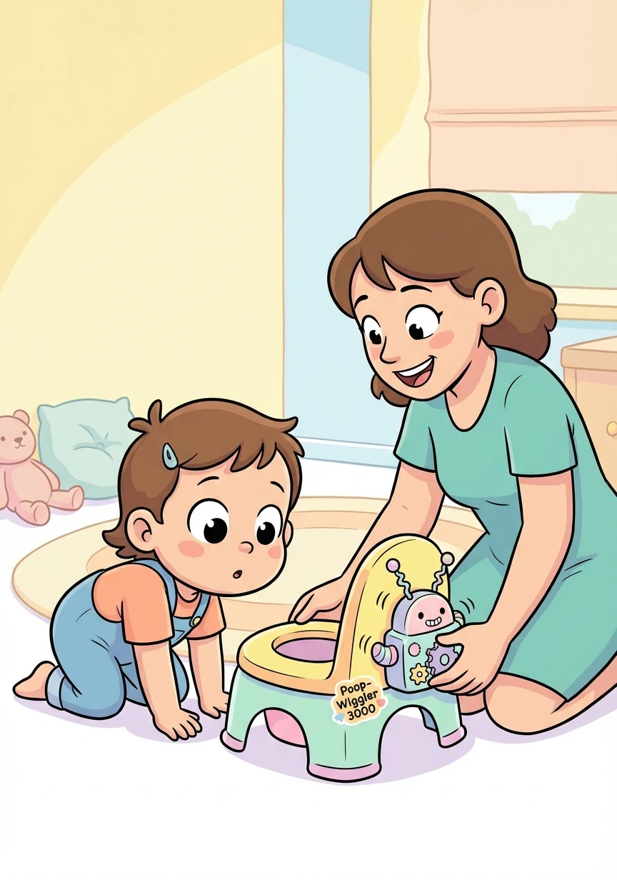 Poppy's eyes widened with curiosity. Mom carefully attached the Poop-Wiggler 3000 to Poppy's potty, making sure it was secure.