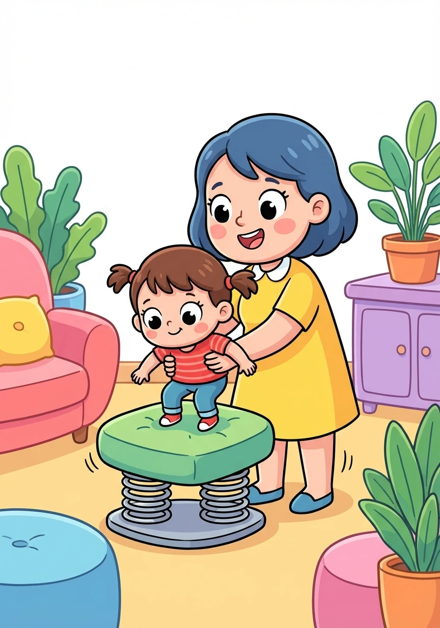 Mom helped Poppy sit on the new seat. "Now, just bounce up and down gently, and the wiggling will help!"