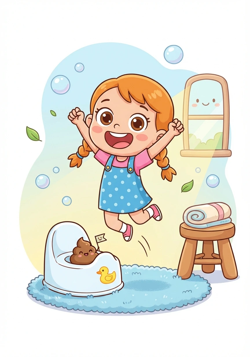 With one final wiggle and a triumphant push, Poppy successfully pooped! She jumped off the potty, beaming with pride.