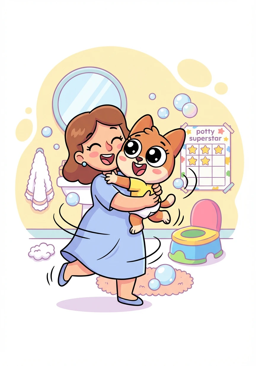 Mom gave Poppy a big hug. "You did it, Poppy! You're a potty-training superstar!" They celebrated with a silly dance.