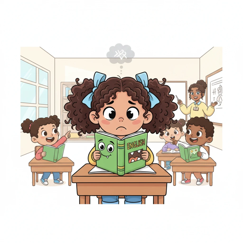Lily sat at her school desk, a big, brightly colored English textbook looking like a giant monster in front of her. Her eyes were wide with worry, and a little cloud of 'uh-oh' floated over her head as other children excitedly pointed at pictures and chattered. She wished she could disappear!
