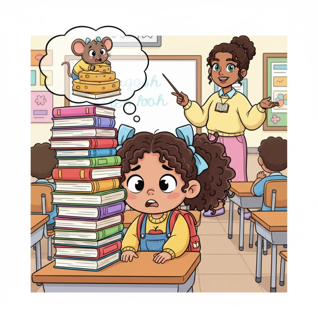 During English class, Lily tried her best to become invisible, shrinking down behind her desk, hoping her teacher wouldn't call on her. She imagined herself as a tiny mouse, peeking out from behind a towering stack of books, wishing she could just squeak away.
