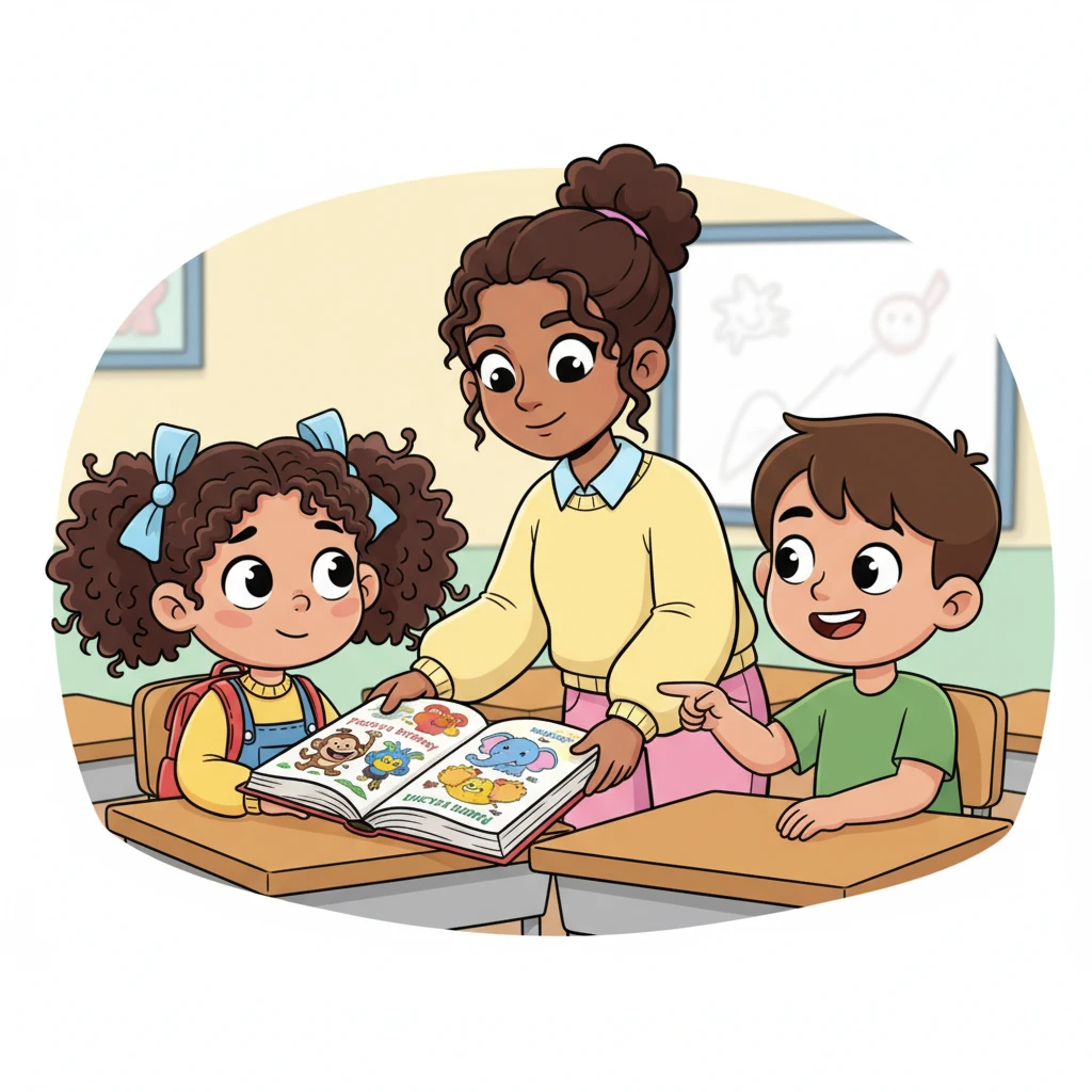 Her kind teacher, Miss Daisy, noticed Lily's shyness and gently placed a fun picture dictionary on her desk, filled with funny animals and colorful objects. A friendly classmate, Tom, pointed to a giggling monkey, making Lily crack a tiny, nervous smile.