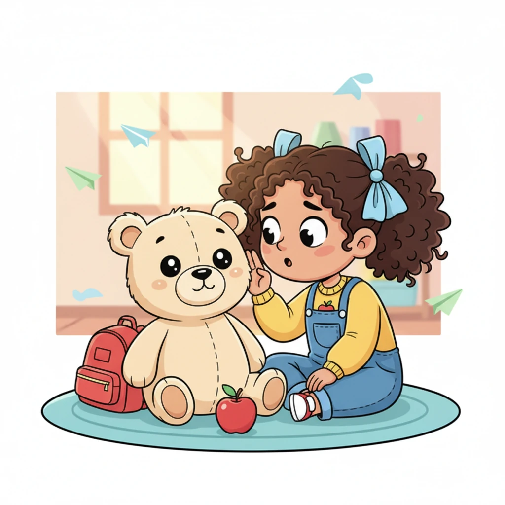 Later that day, Lily whispered her very first English word, 'apple,' to a plush toy bear, feeling a little tickle of bravery. The bear seemed to nod encouragingly, its button eyes sparkling as if it understood her tiny triumph.